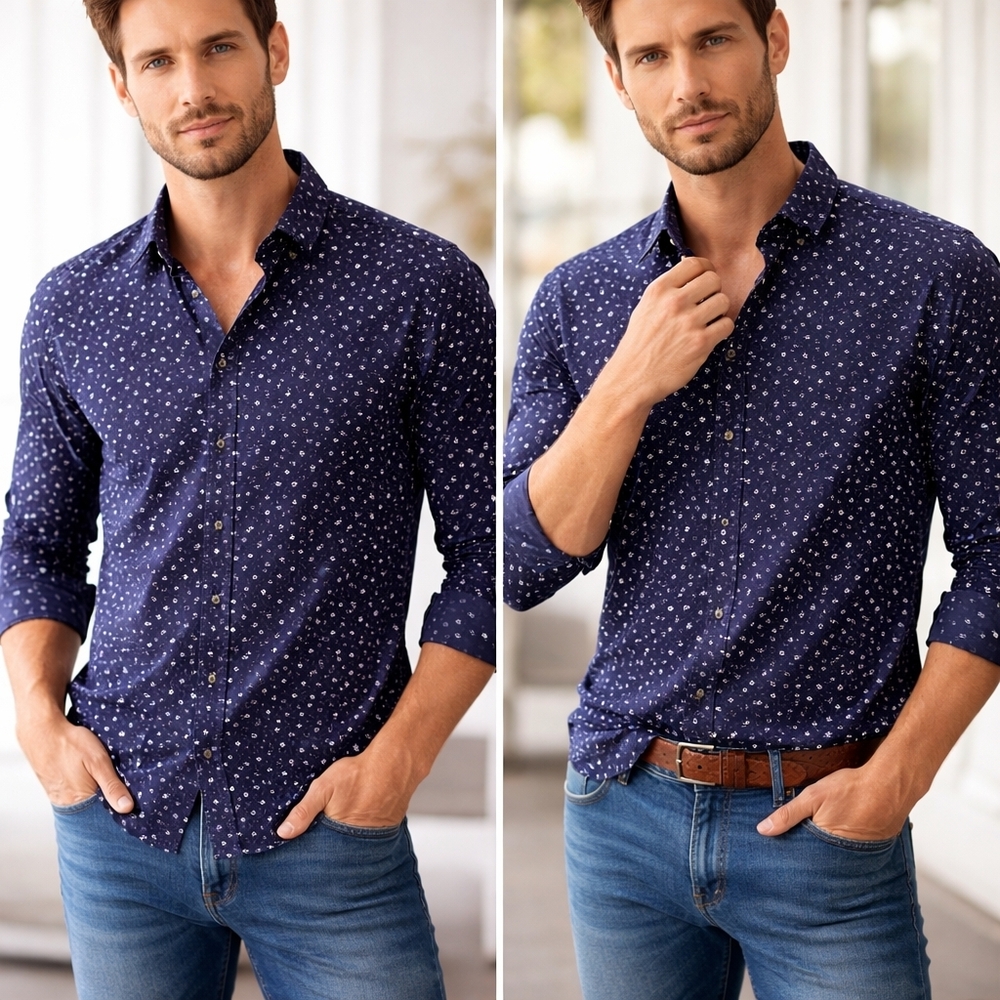 Men's Navy Printed Long-Sleeve Button-Down Shirt 100% Cotton